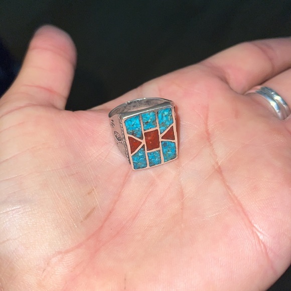ZUNI STERLING SILVER Coral Inlay RING - Turquoise size 9 - Picture 3 of 4